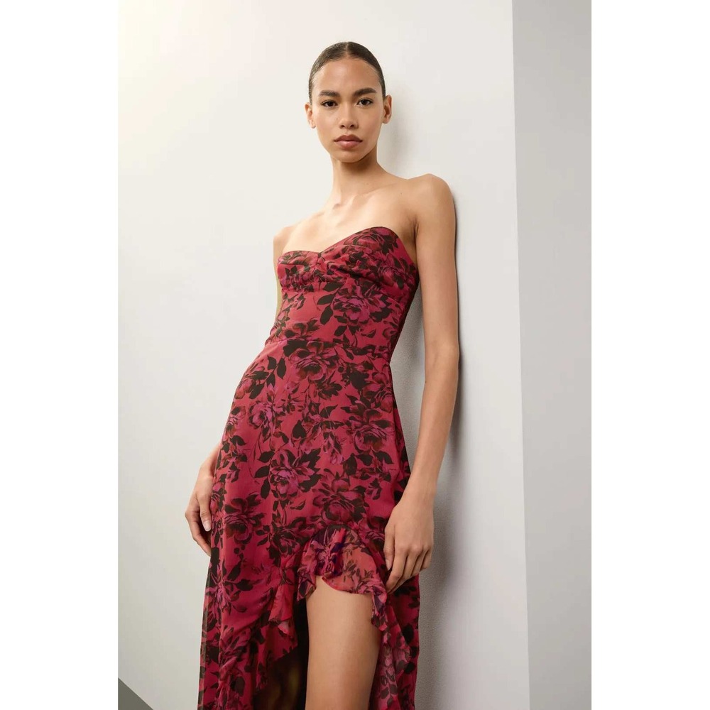 Amanda Uprichard Eden Gown Strapless Maxi Dress Floral Ruffle Pink Black Sz M - Picture 5 of 16